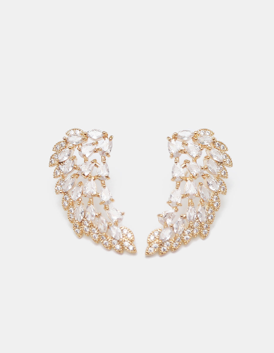 Aretes estilo alas de bronce en baño de oro con topacios blancos en corte marquesa y gota Festive Style
