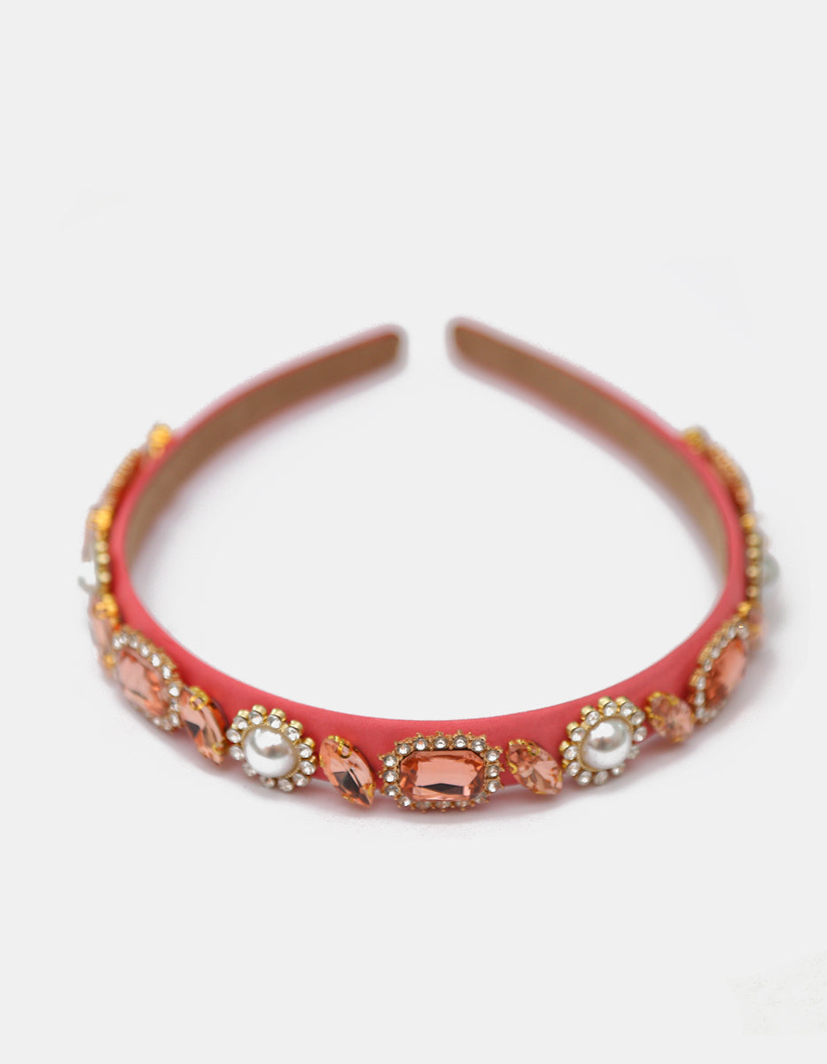 Diadema de terciopelo rosa con gemas durazno y perlas vintage