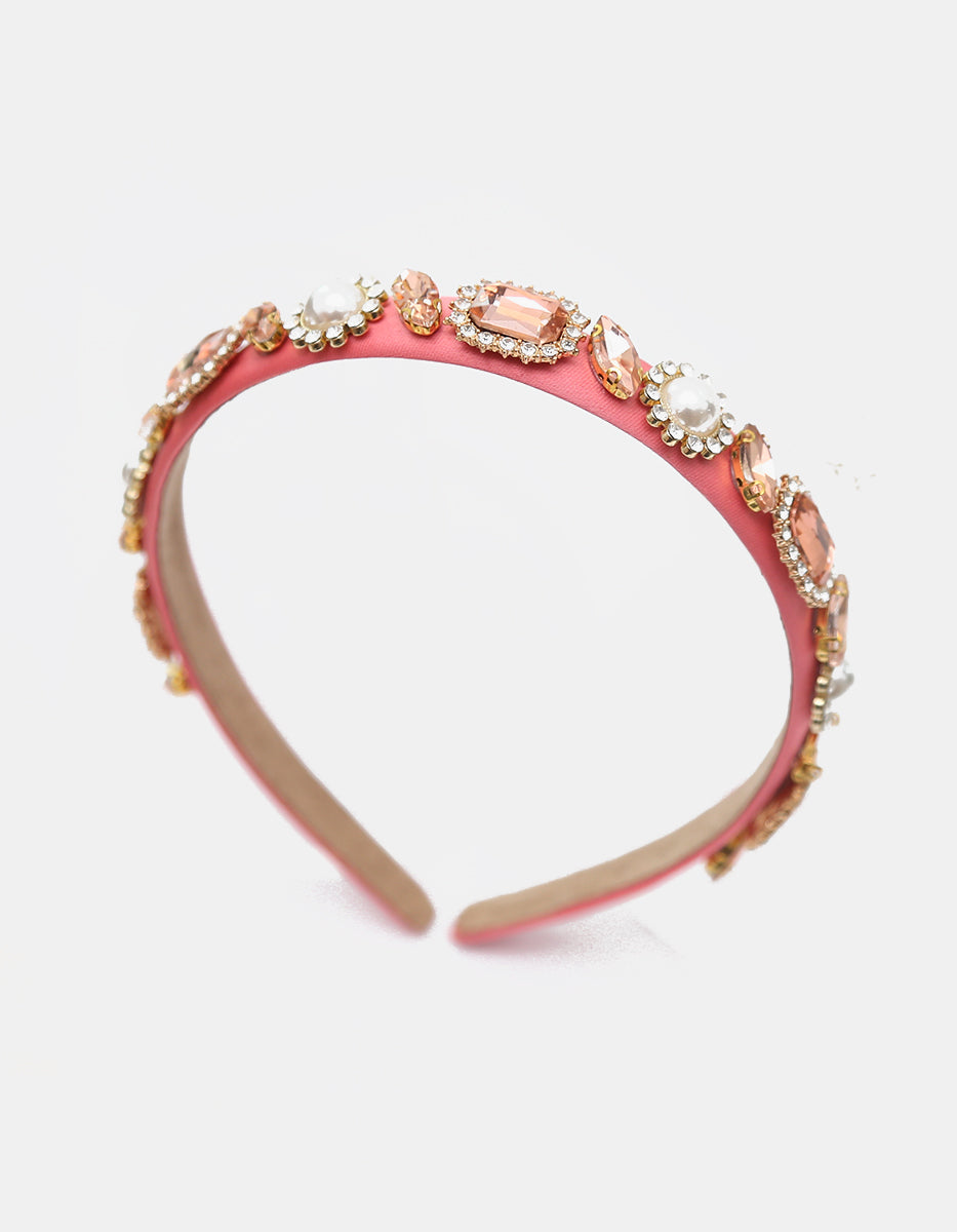 Diadema de terciopelo rosa con gemas durazno y perlas vintage