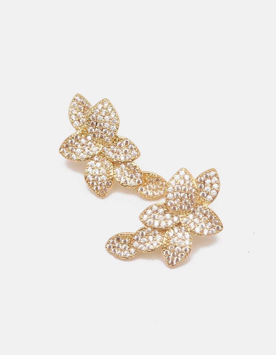 Aretes florales en cascada de bronce en baño de oro de 22kt con topacios blancos en corte brillante Festive Style