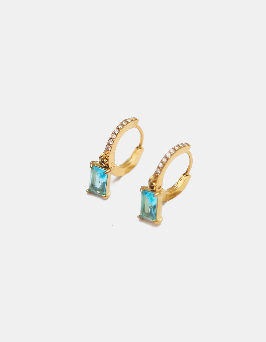 Arracadas de bronce en baño de oro de 22kt con topacios azul aguamarina corte esmeralda Festive Style
