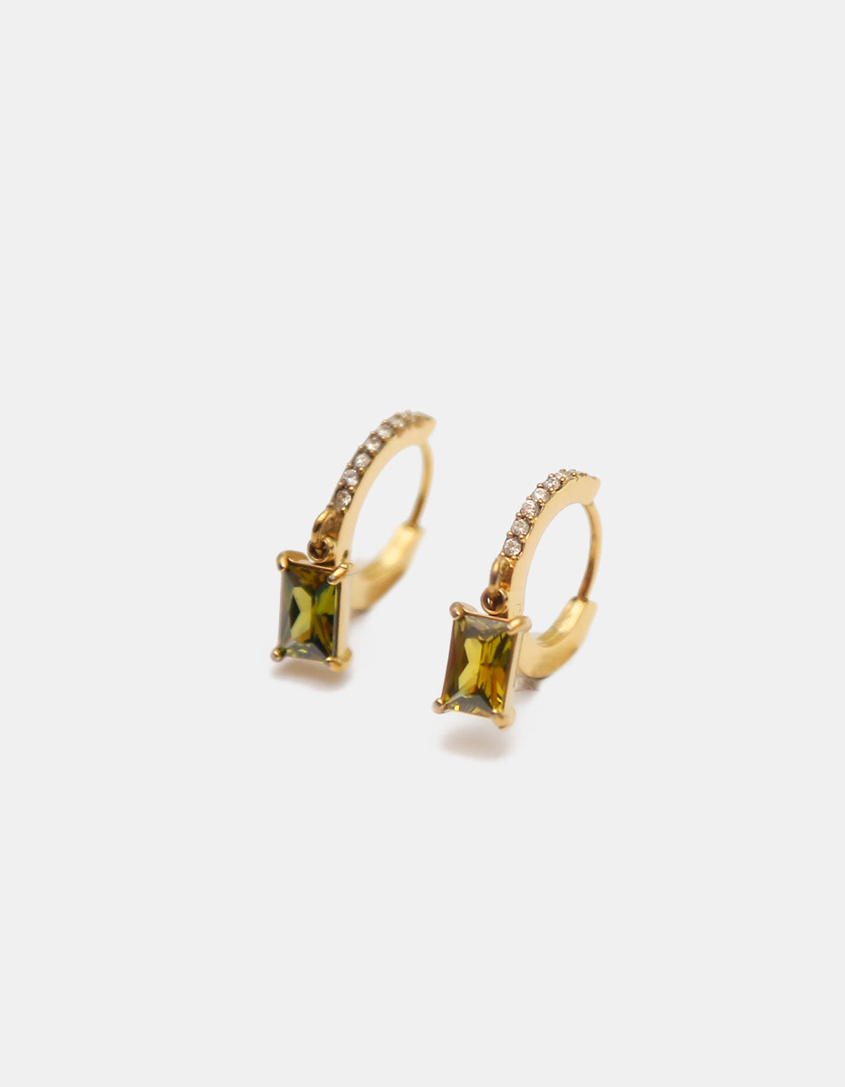 Arracadas de bronce en baño de oro de 22kt con topacios verde oliva corte esmeralda Festive Style
