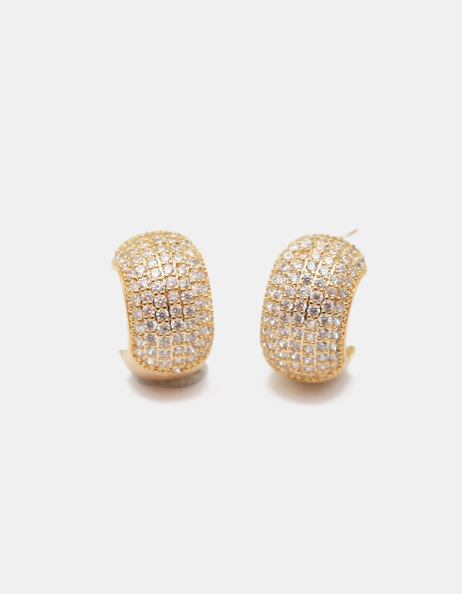 Aretes Media Arracada Gruesa Abombada en bronce con Baño de Oro de 22kt con Topacios blancos Festive Style