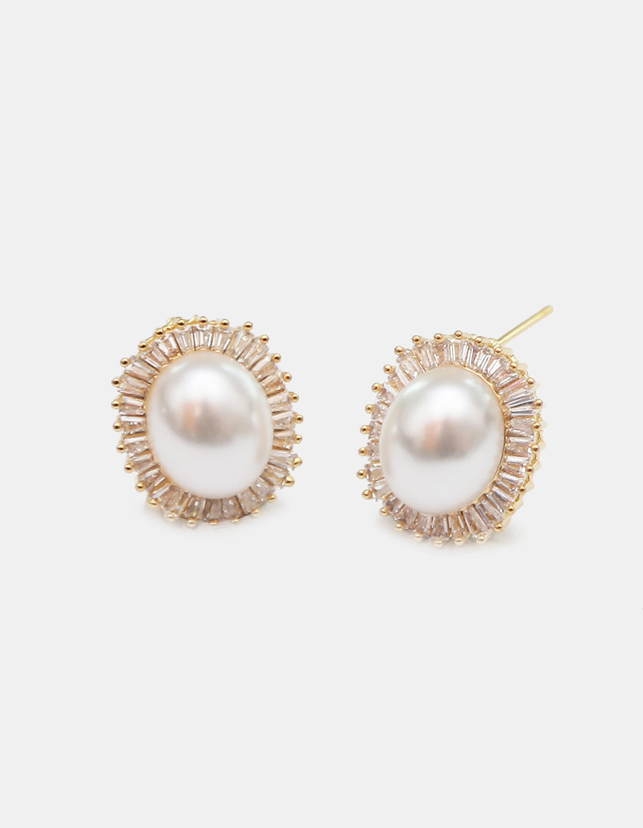 Aretes en bronce con Baño de Oro de 22kt con Perla Mabe y Halo de Topacios Baguette Festive Style
