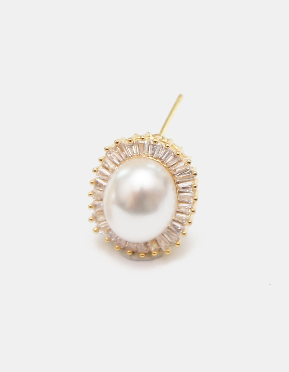 Aretes en bronce con Baño de Oro de 22kt con Perla Mabe y Halo de Topacios Baguette Festive Style