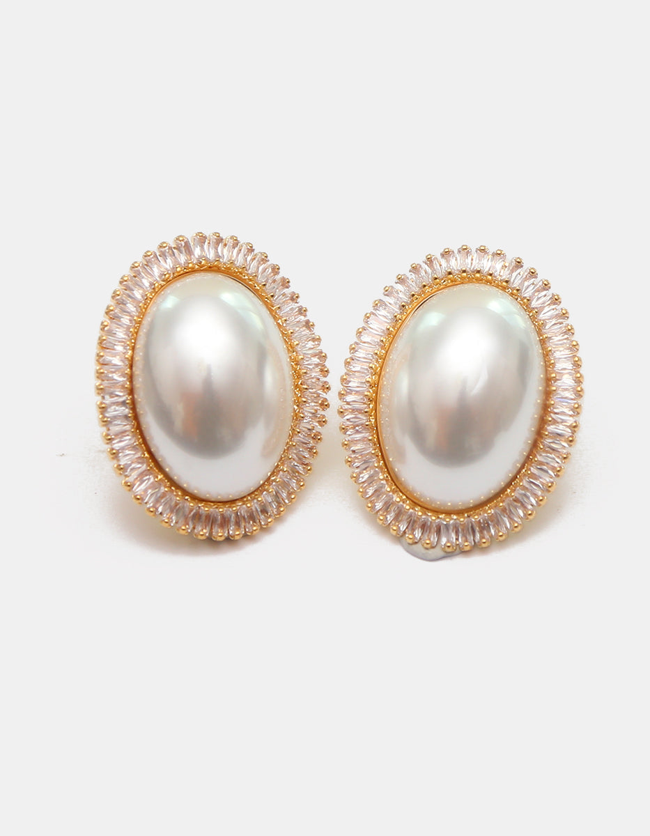 Aretes Grandes Ovalados en Baño de Oro de 22kt con Perla Mabe y Halo de Topacios blancos Festive Style