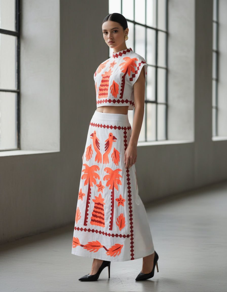 CONJUNTO DE TOP Y FALDA MIDI CON BROCADOS NARANJA MANDRAGORA