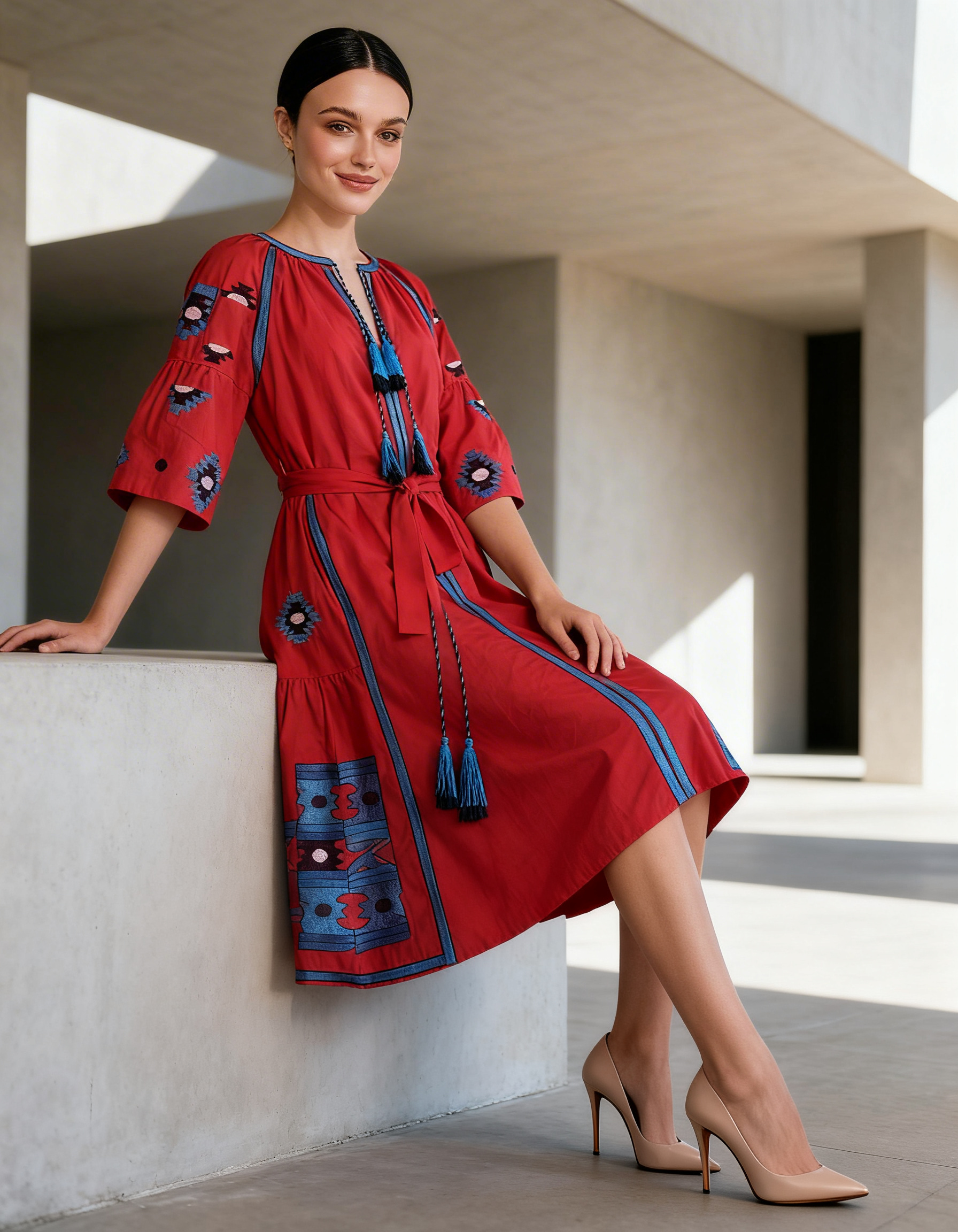 VESTIDO MIDI ROJO ESTAMPADOS ESTILO NAVAJO MANDRAGORA