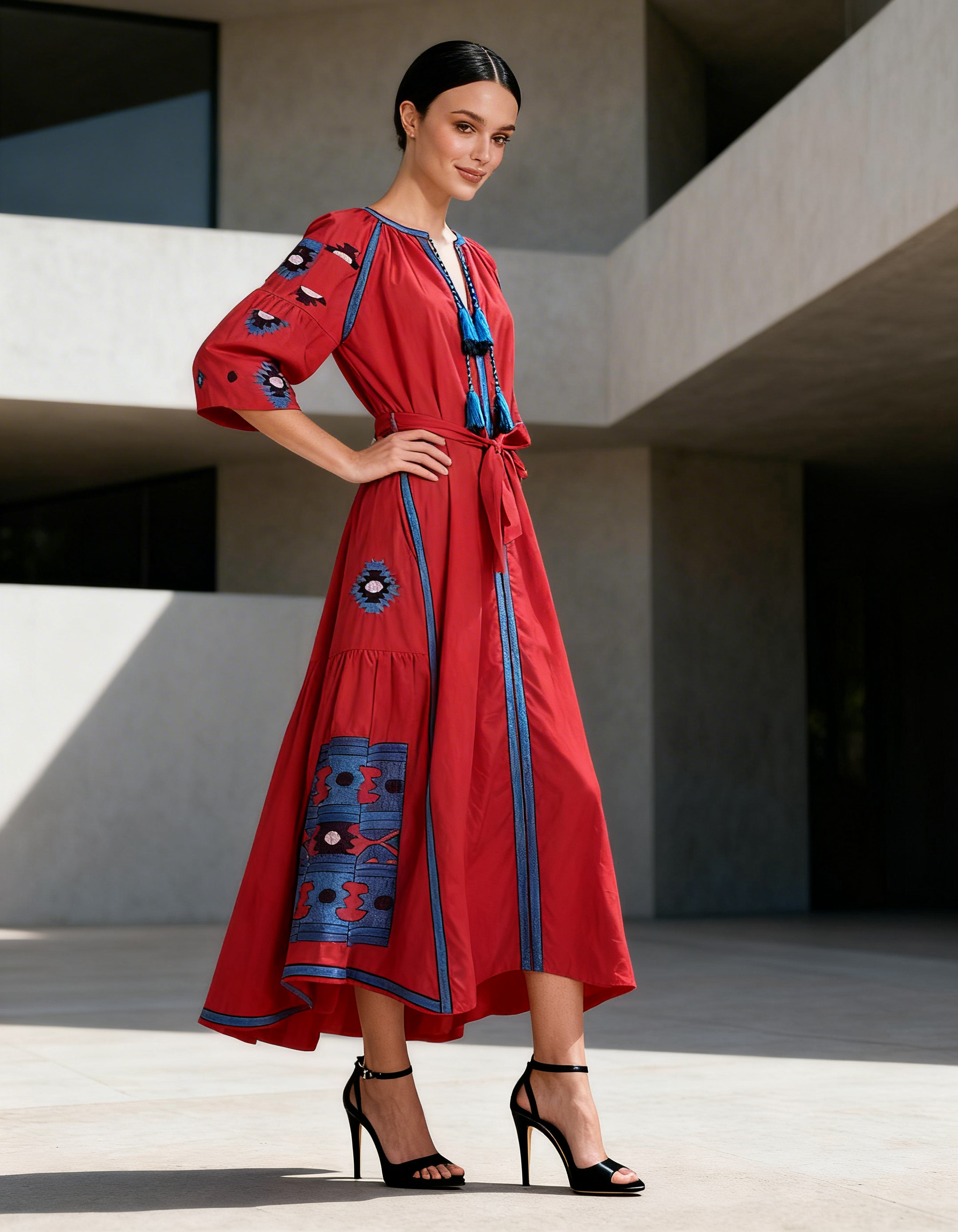 VESTIDO MIDI ROJO ESTAMPADOS ESTILO NAVAJO MANDRAGORA
