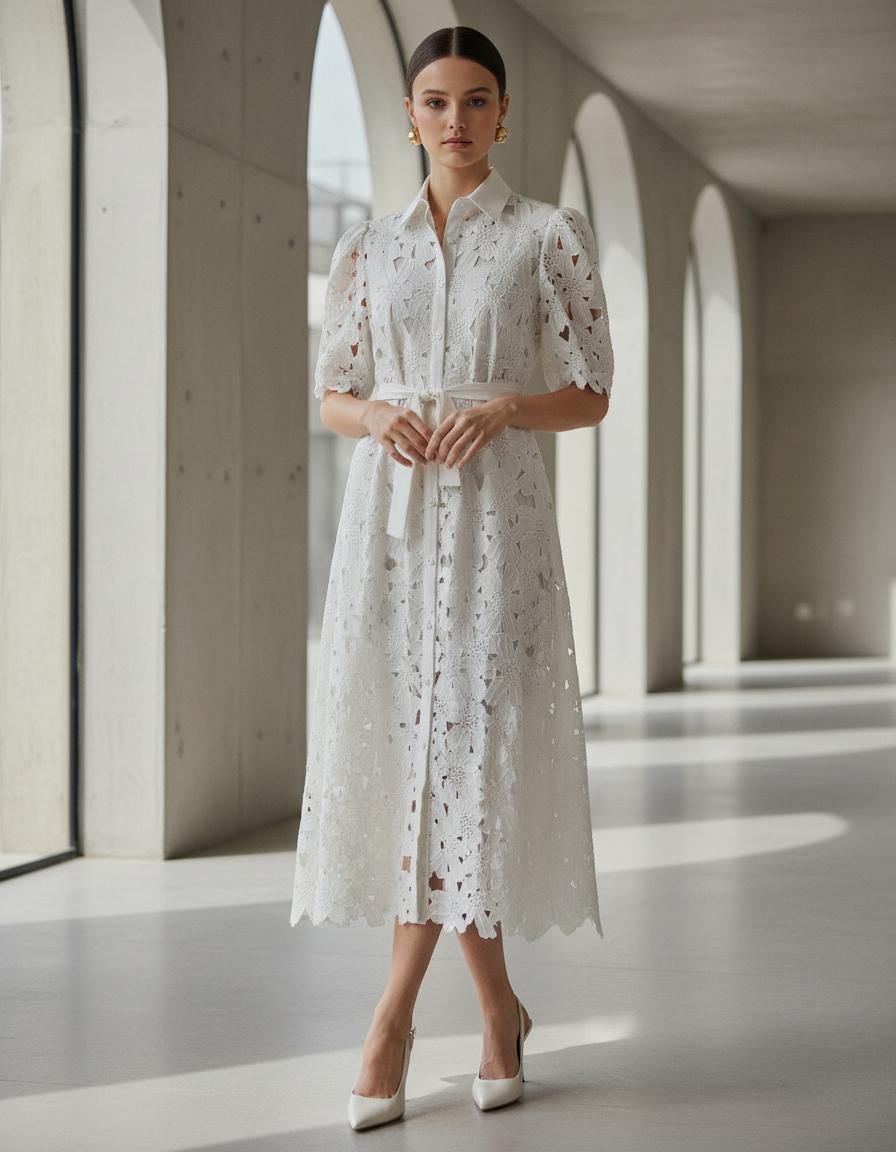 VESTIDO LARGO ENCAJE ESCOTE V ABOTONADO BLANCO MANDRAGORA