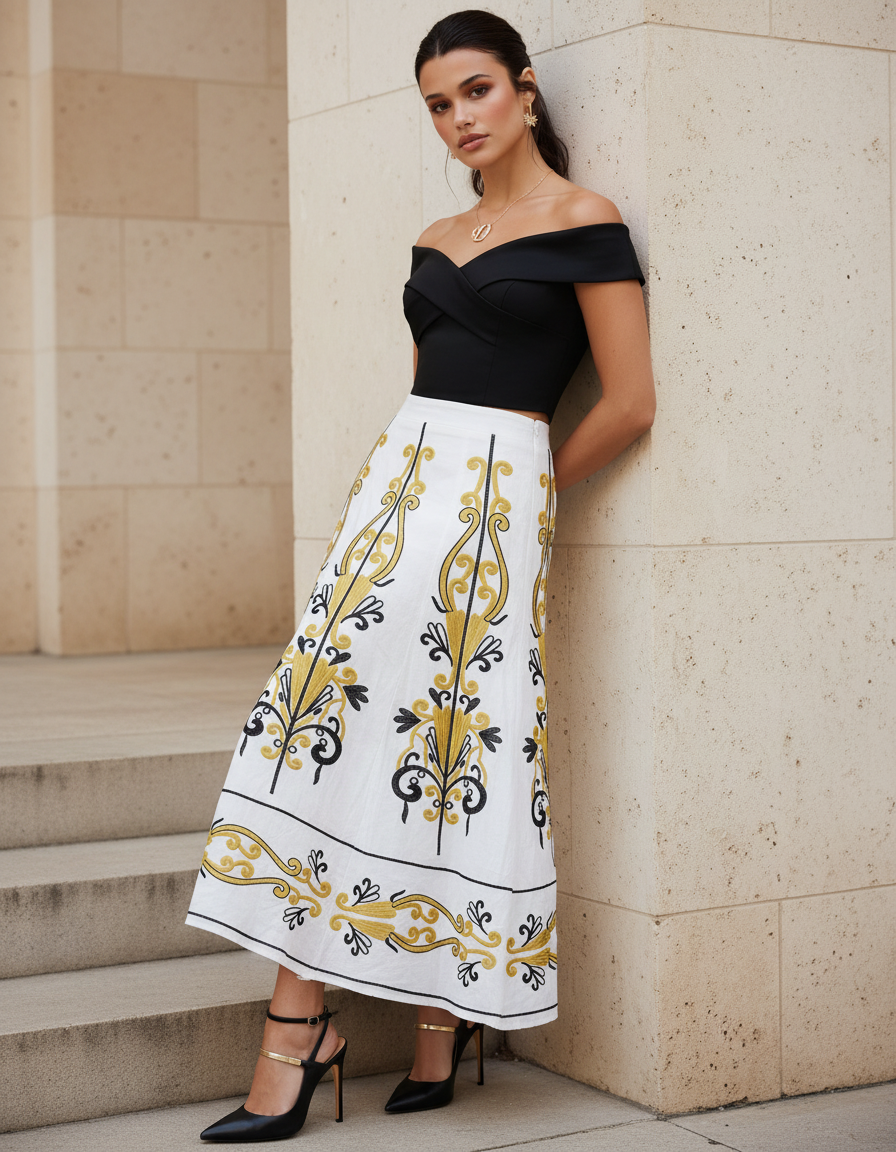 FALDA MIDI CON BORDADOS TROPICALES MANDRAGORA