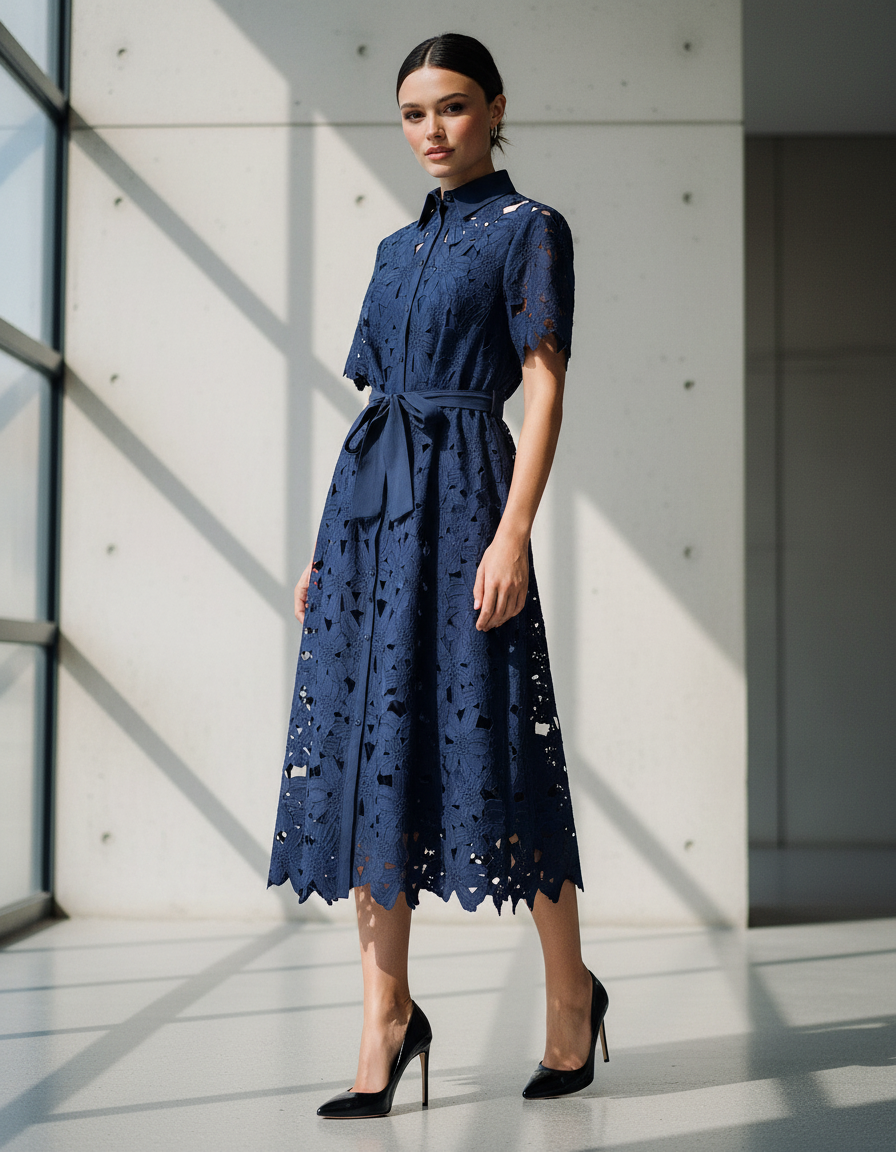 VESTIDO LARGO ENCAJE ESCOTE V ABOTONADO AZUL MANDRAGORA