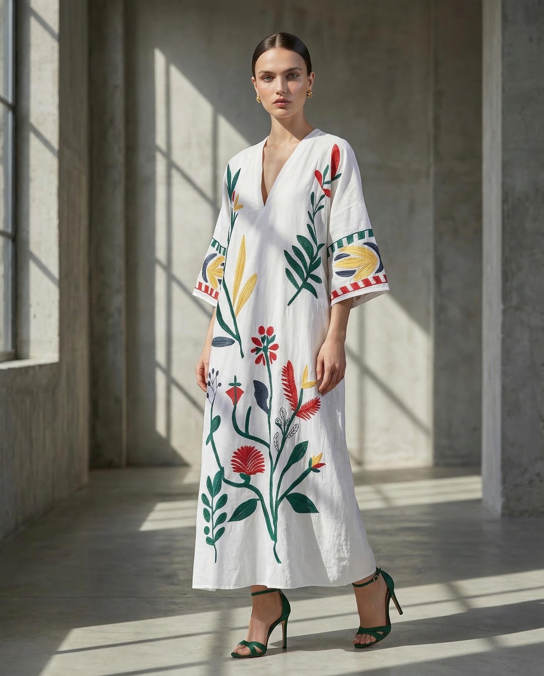 VESTIDO MIDI DETALLES BORDADOS DE FLORES MANDRAGORA