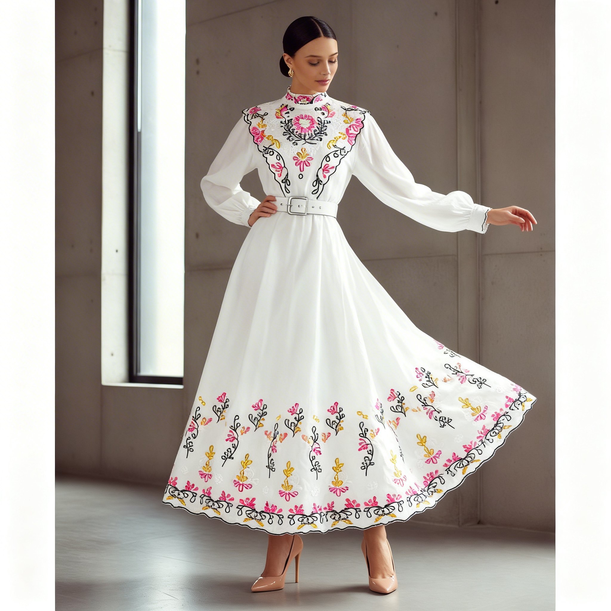 VESTIDO MANGA LARGA BORDADOS FLORALES MANDRAGORA