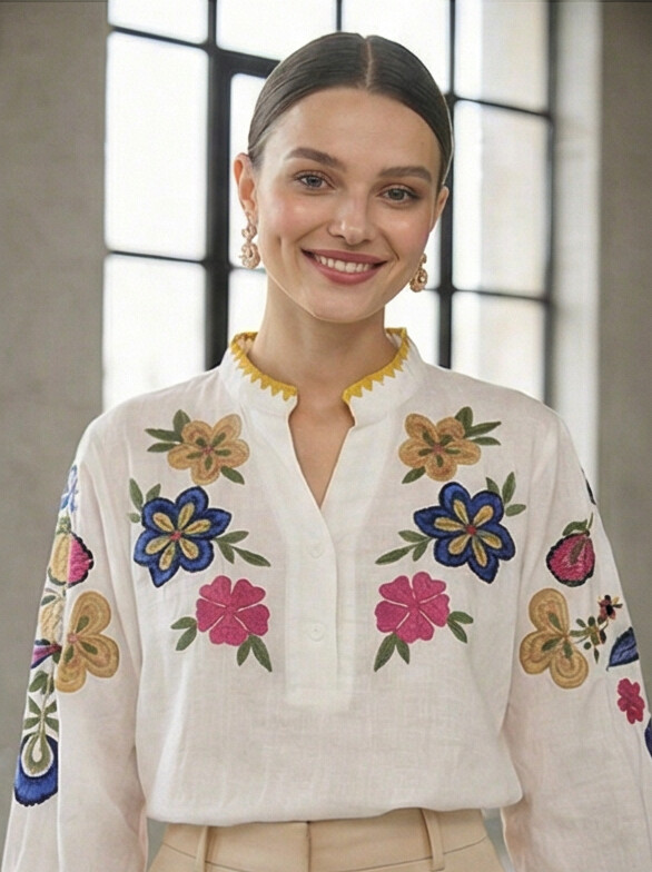 BLUSA CON DETALLES BORDADOS DE FLORES MANDRAGORA