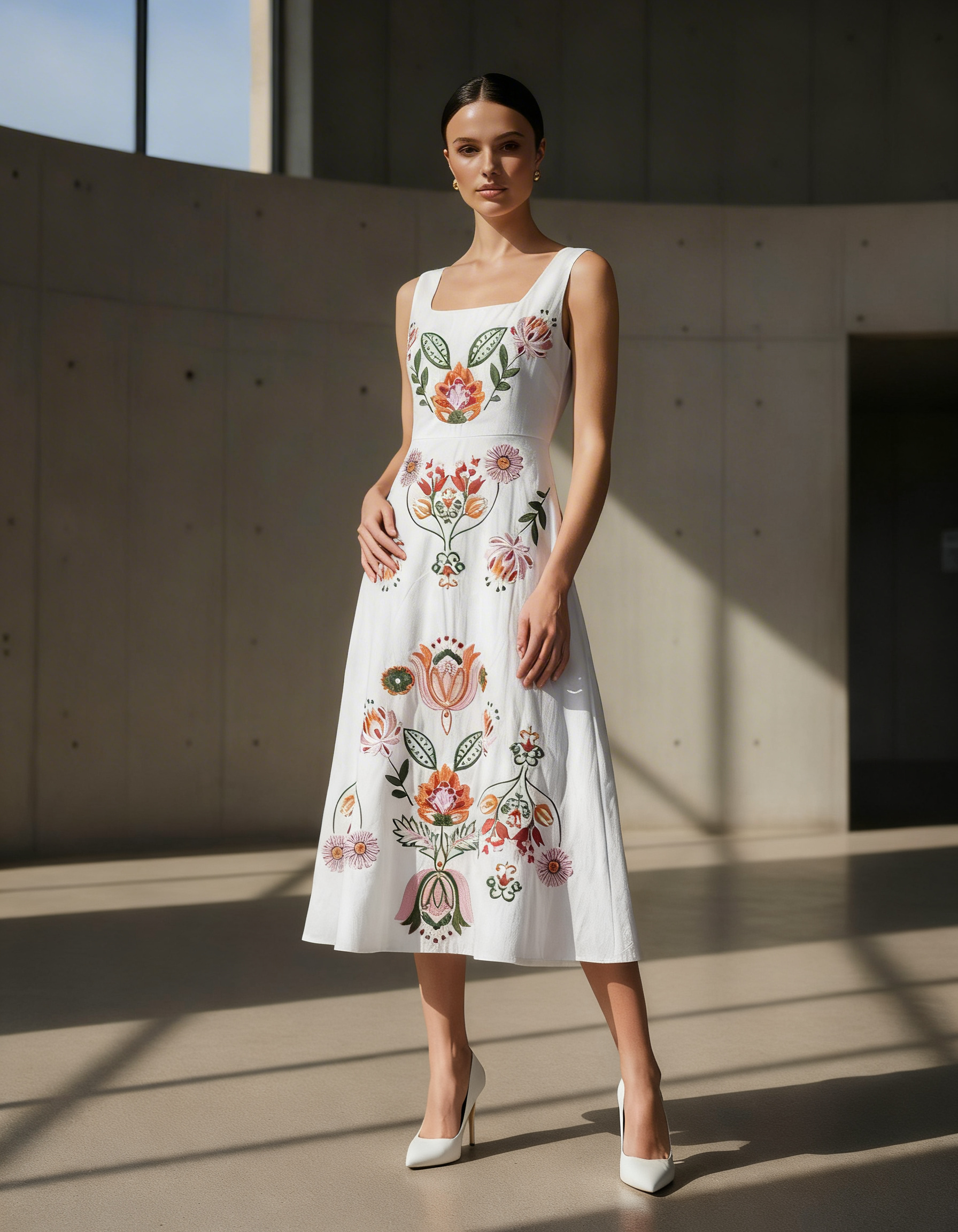 VESTIDO MIDI BORDADO FLORAL BLANCO MANDRAGORA