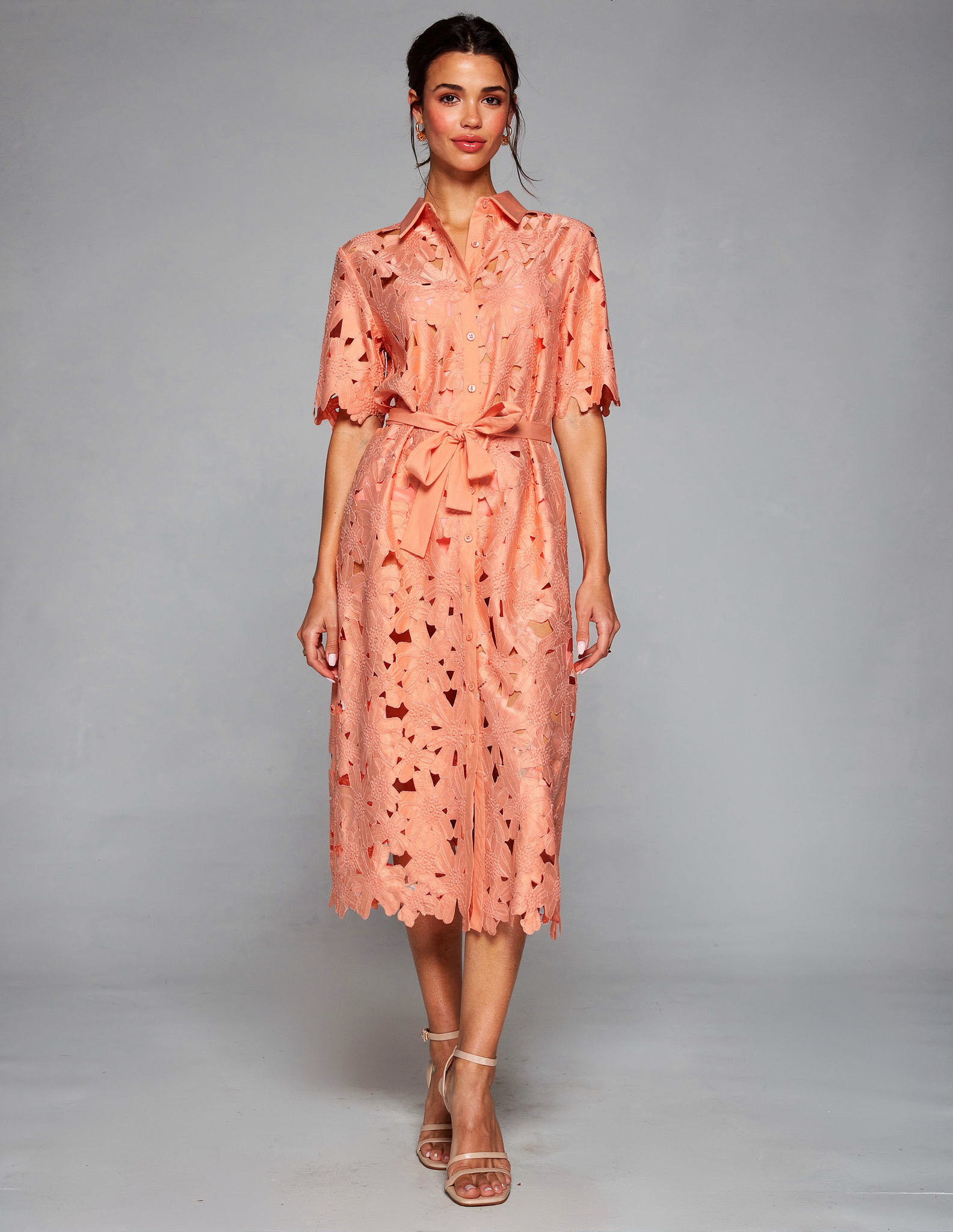 VESTIDO LARGO ENCAJE ESCOTE V ABOTONADO NARANJA MANDRAGORA