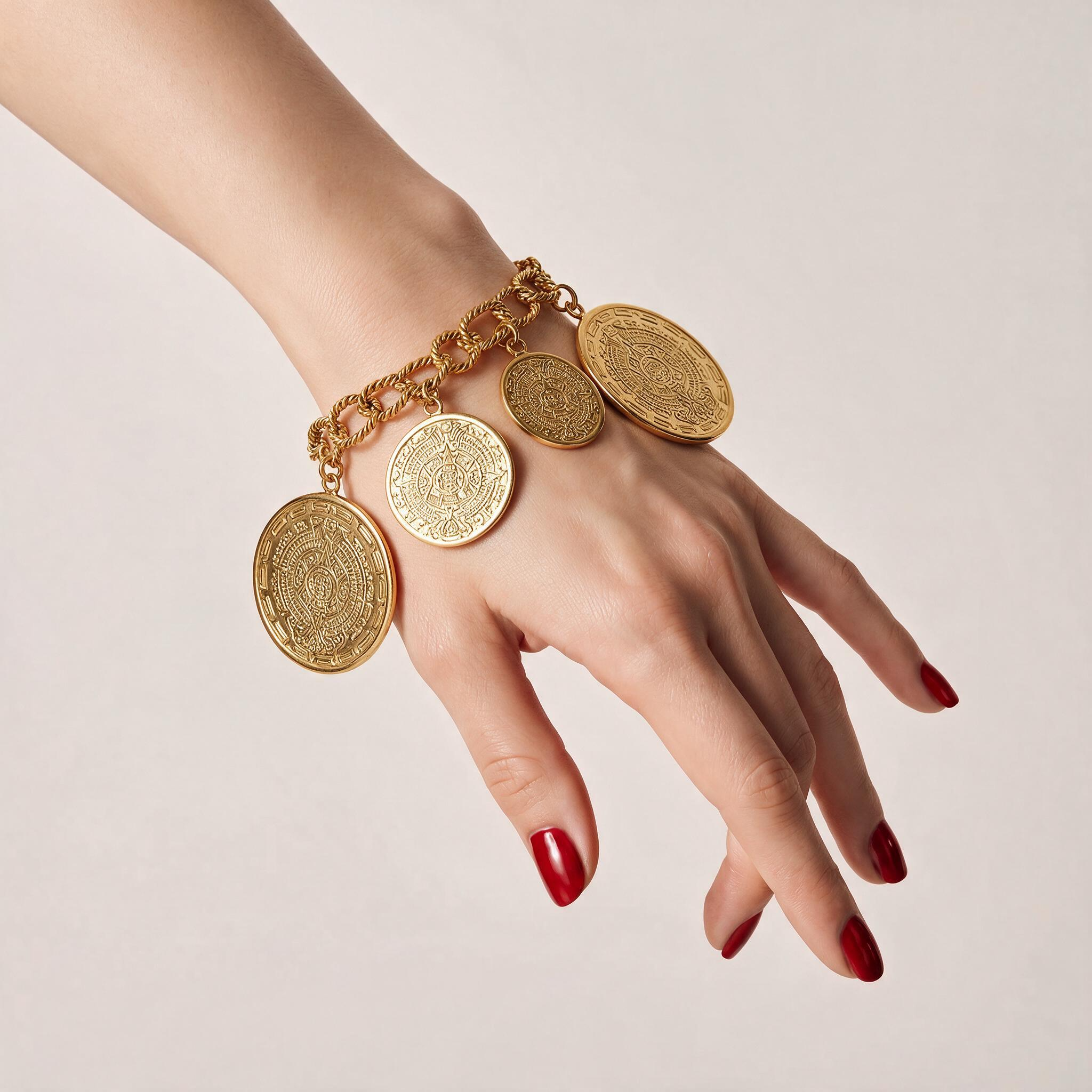 Pulsera de bronce con baño de oro 22k y cuatro dijes con grabado azteca Códice
