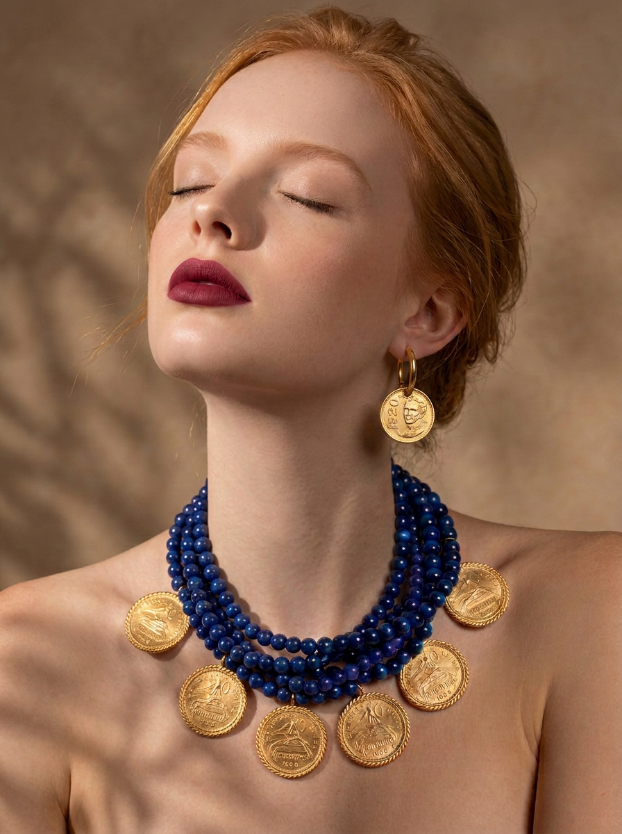 Collar 7 hilos coral azul rey y monedas vintage Memorias