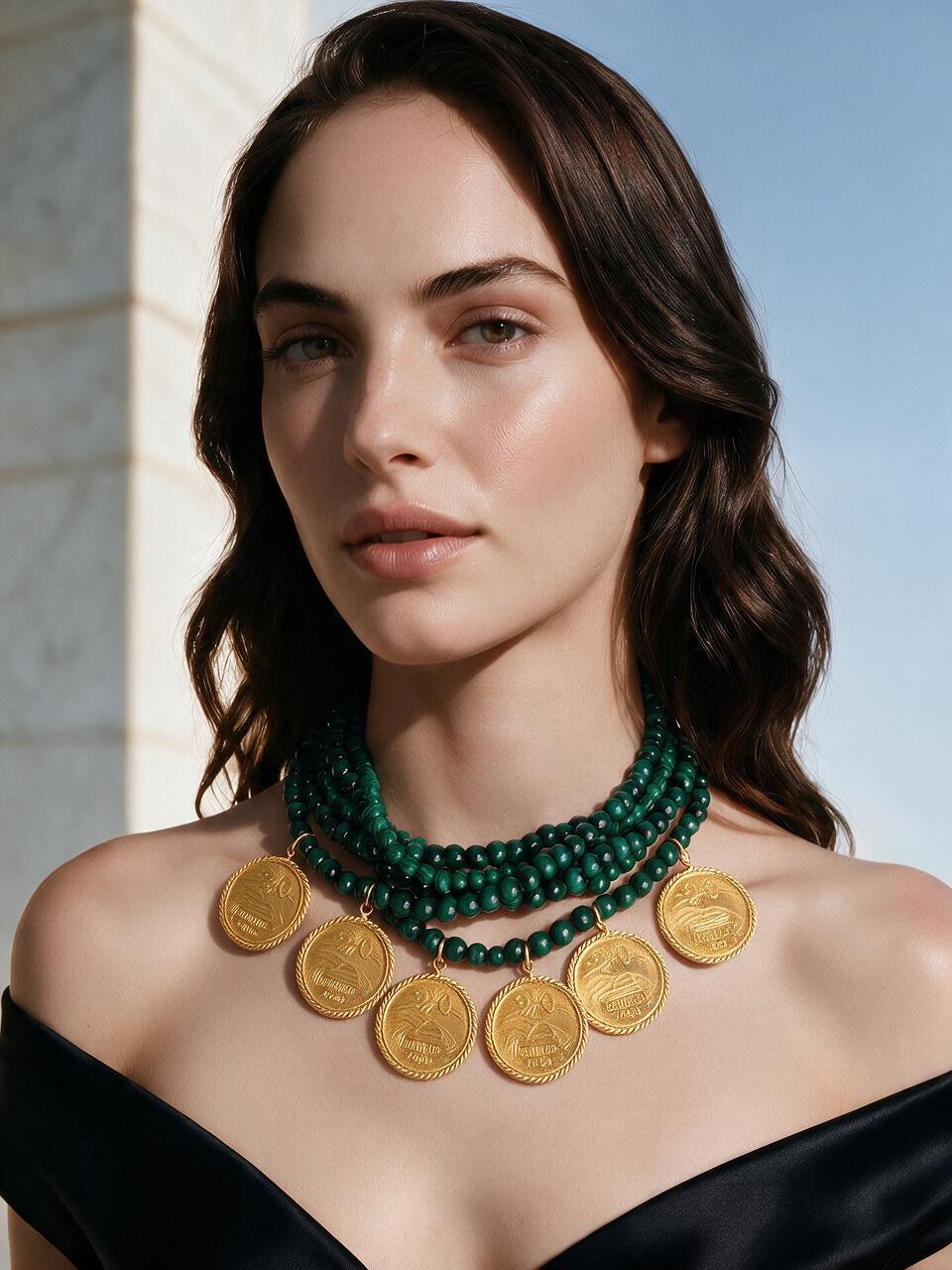 Collar 7 hilos cristal austriaco verde y monedas vintage Memorias