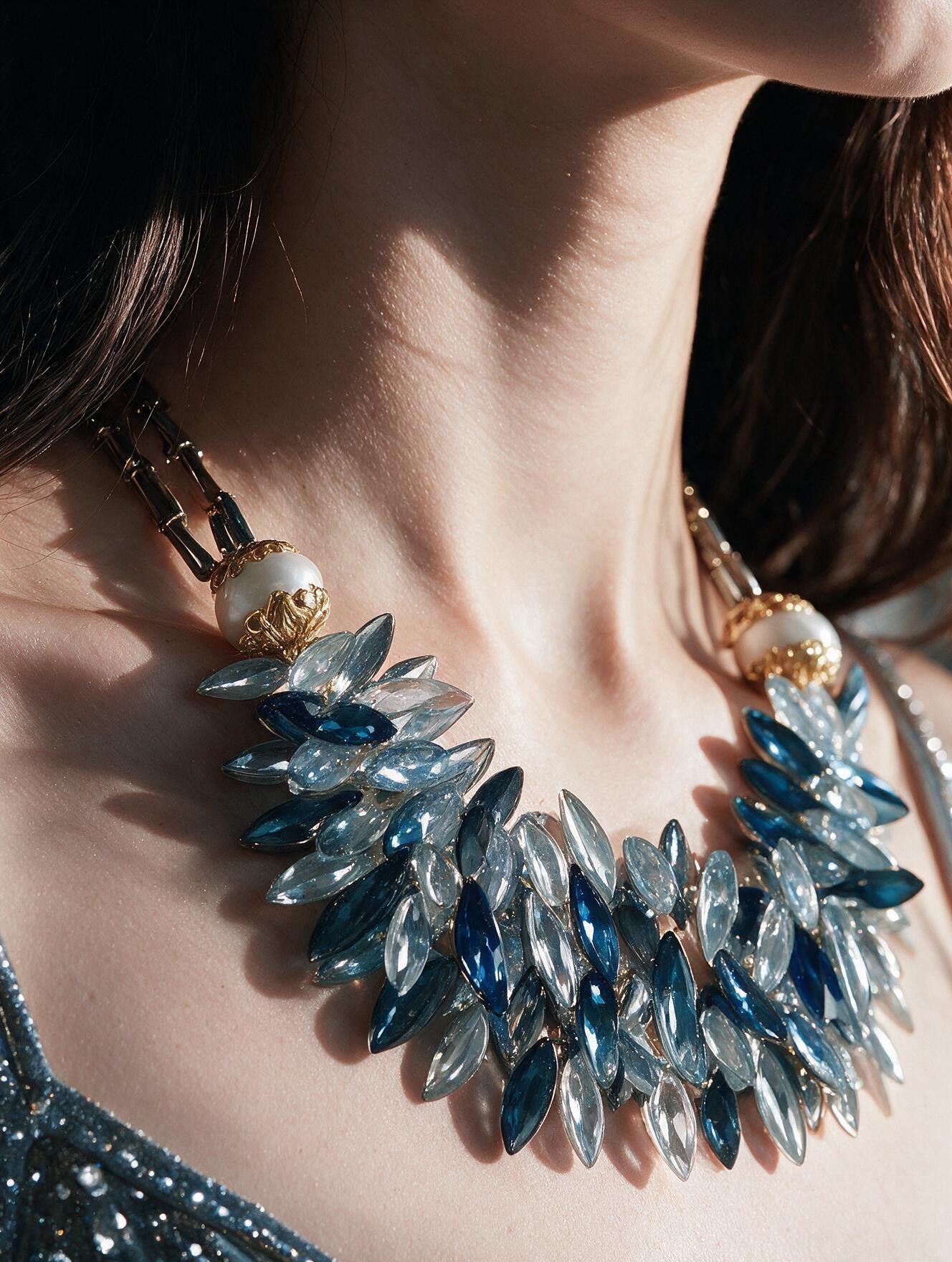 Collar Statement con Cristales Marquesa Azul y Gris, Cuentas Filigranadas y Baño de Oro de 22kt