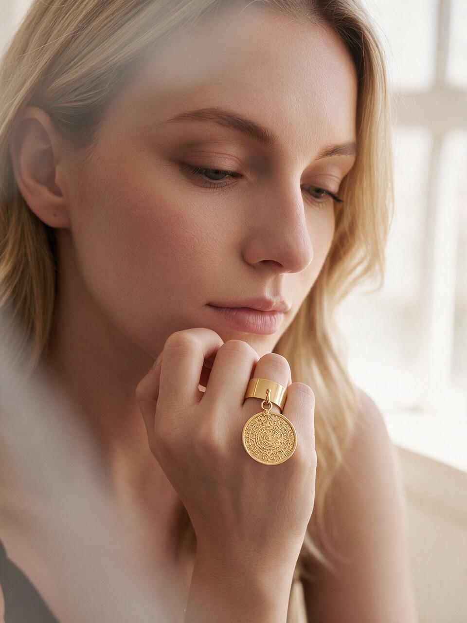 Anillo ajustable de bronce con baño de oro 22k y dije con grabado azteca Códice