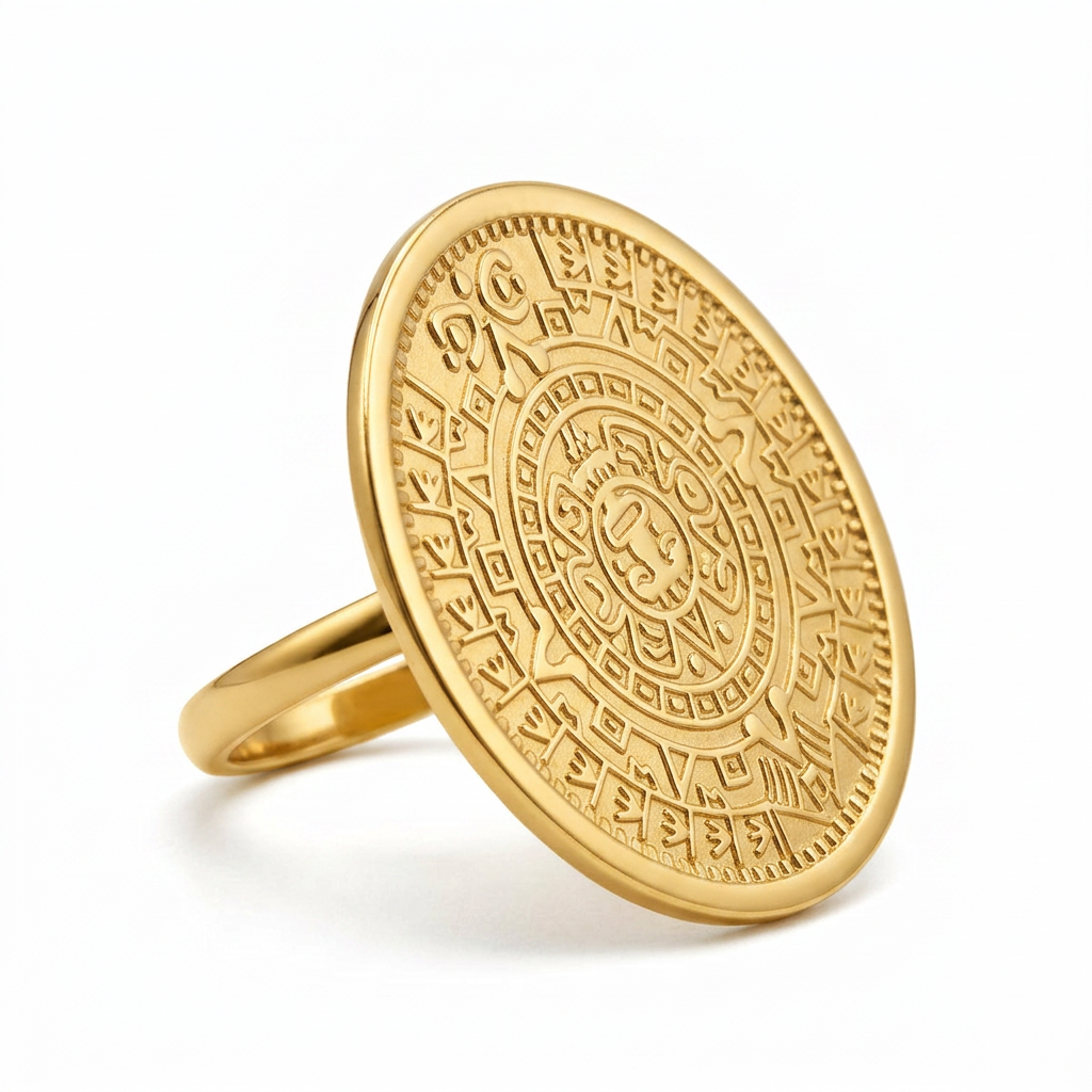 Anillo ajustable de bronce con baño de oro 22k y dije con grabado azteca Códice