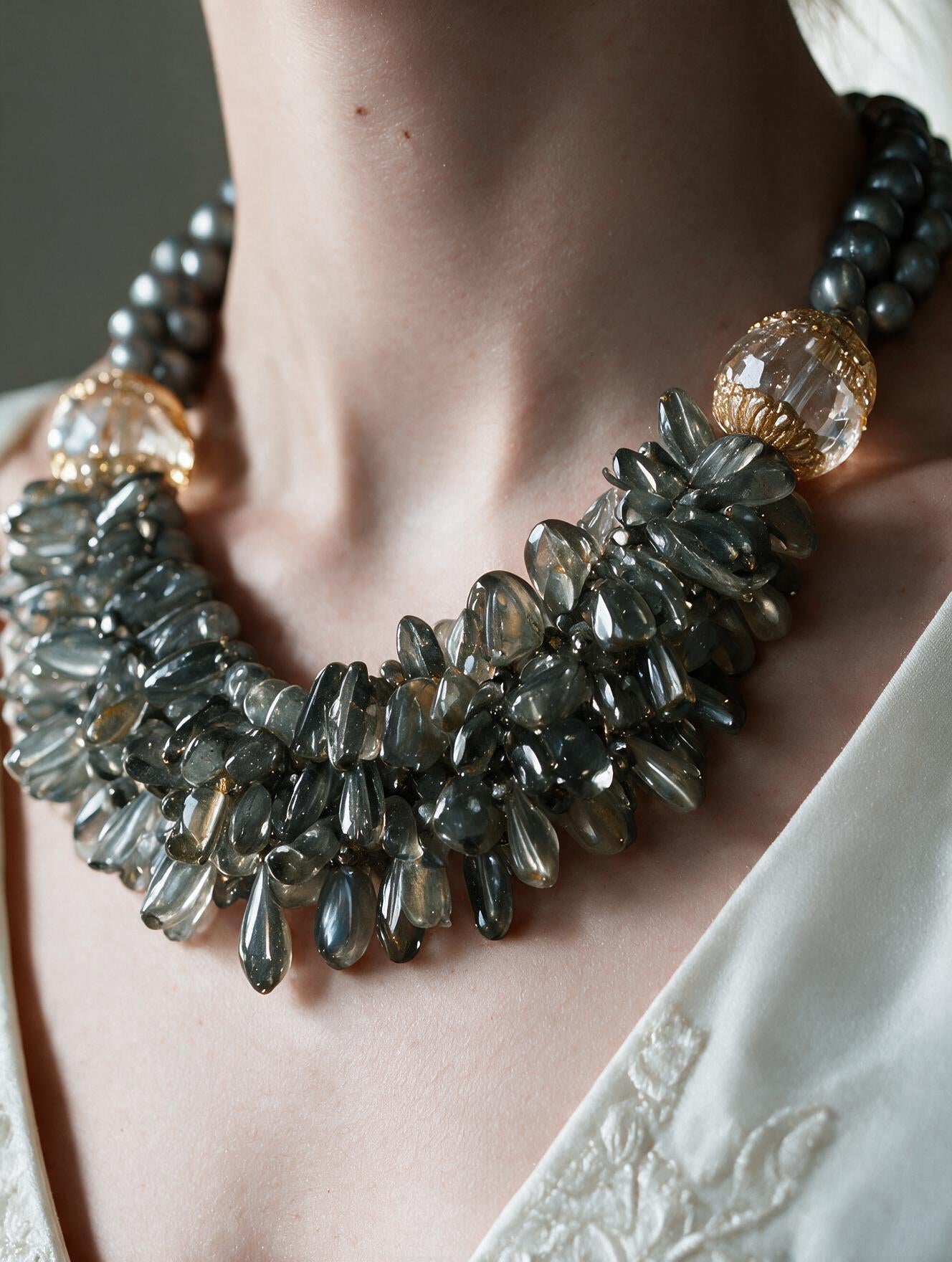 Collar Statement de Cristales Bicono Gris Iridiscente y Cuarzo con Acentos Filigranados en baño de oro de 22kt