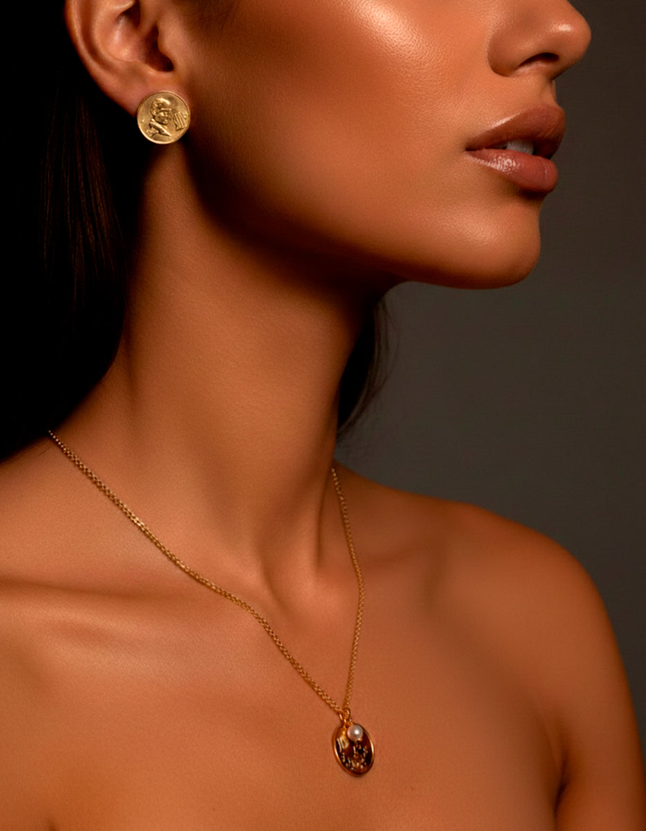 Set de Collar con perla mabe y aretes con monedas