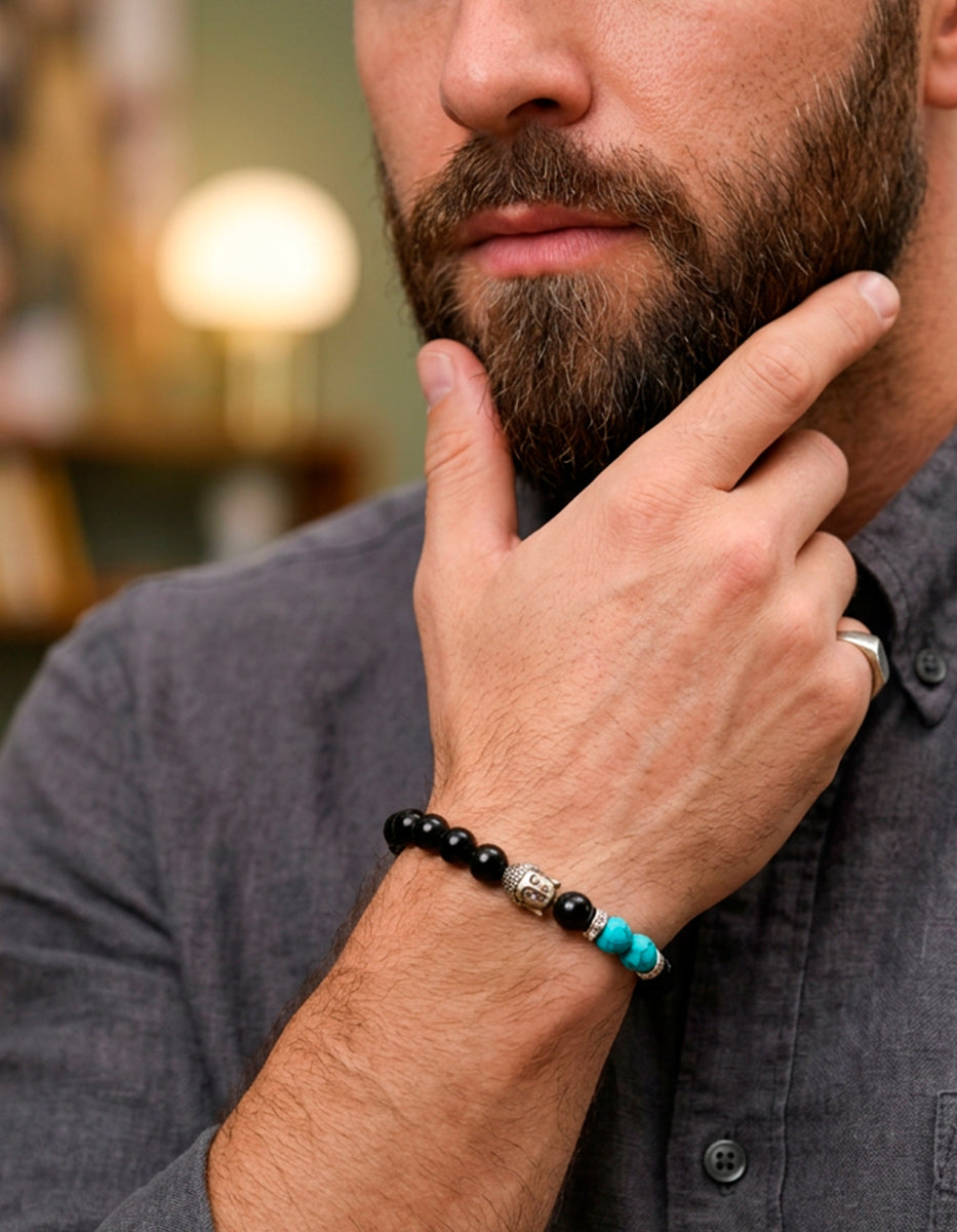 Pulsera de ónix, malaquita turquesa y dije de Buda de acero inoxidable Nordic