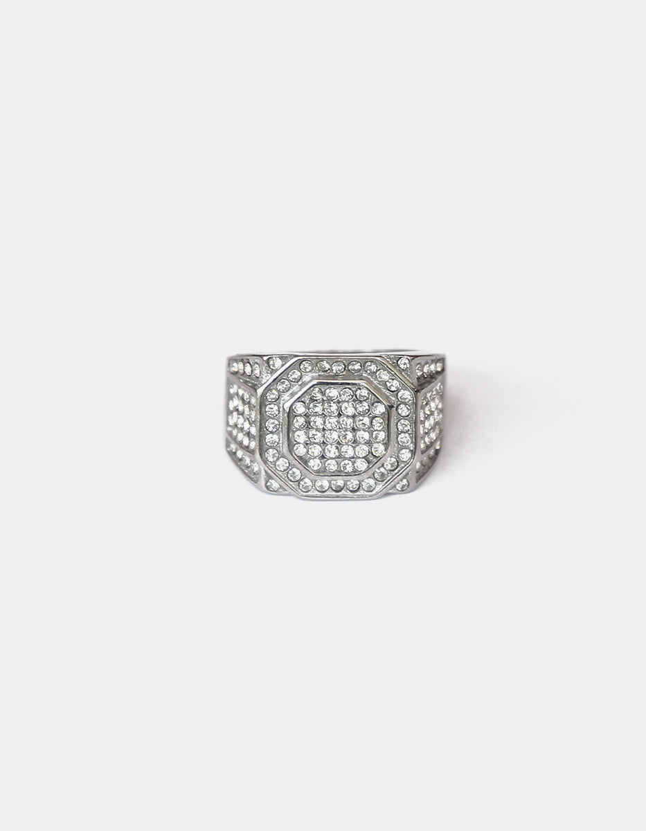 Anillo de acero inoxidable en baño de rodio con espinolitas en frente octagonal Talla 9 Nordic