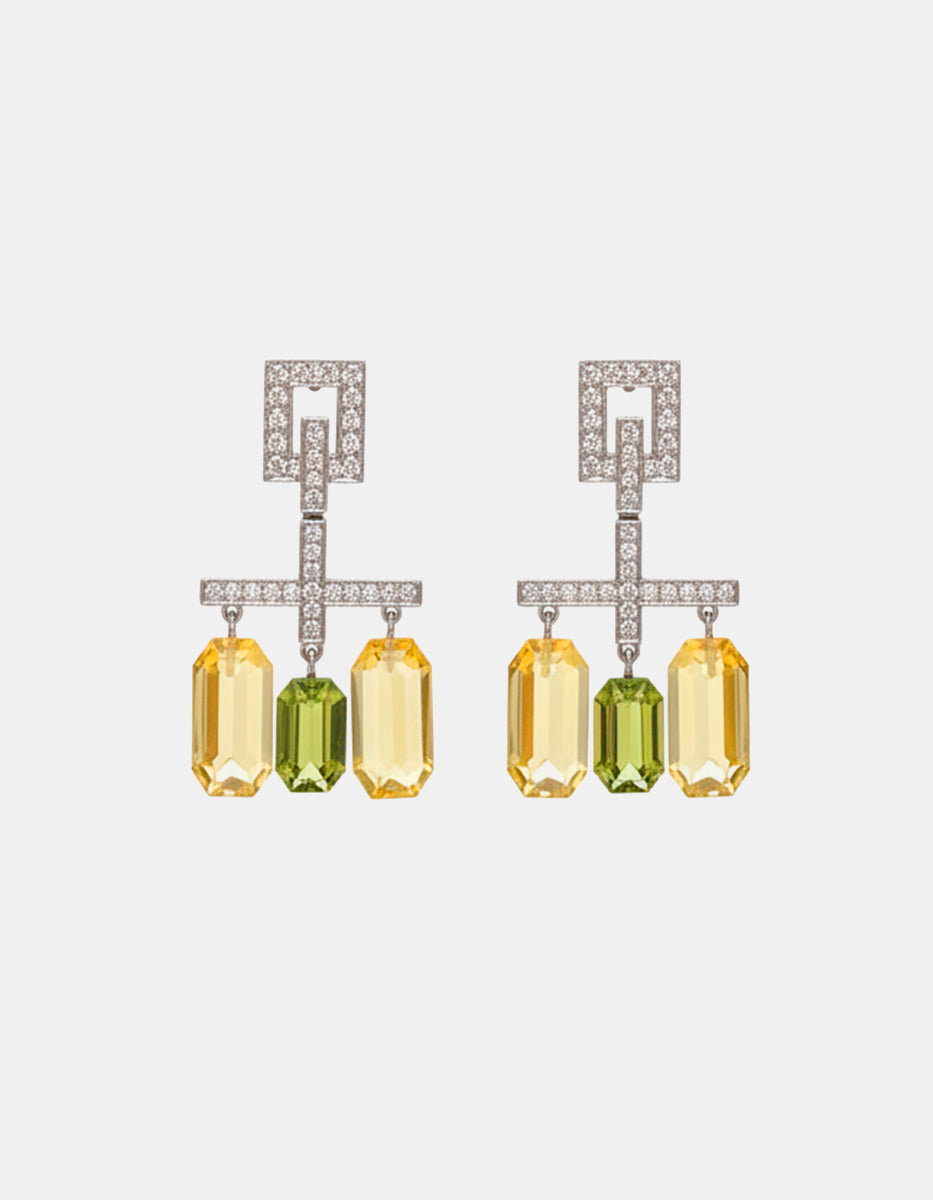 Aretes de metal noble en baño de platino con cuarzo amarillo y peridoto