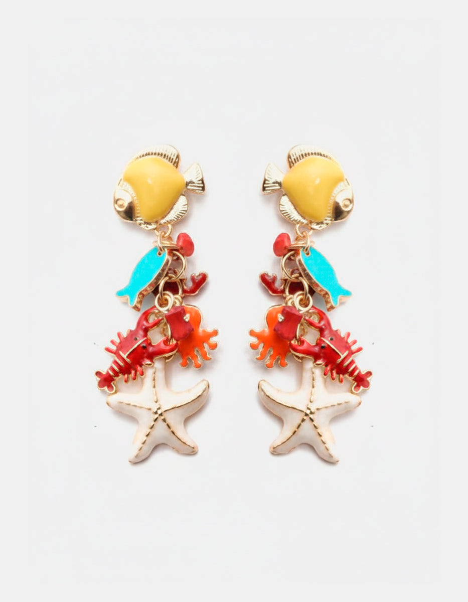 Aretes en Gold-filled con dijes esmaltados de estrella de mar, pez y langosta Ultramar