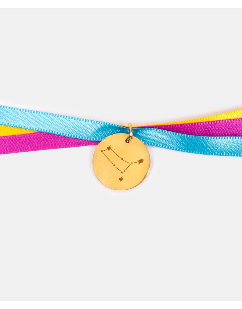 Pulsera Dije (charm)  grabado zodiacal signo Géminis con listones intercambiables 