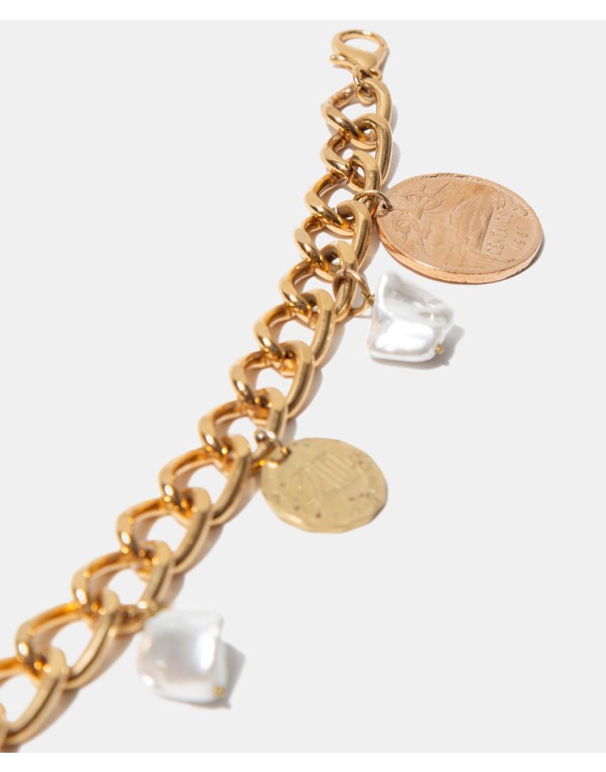 Pulsera de Eslabones con Monedas y Perlas