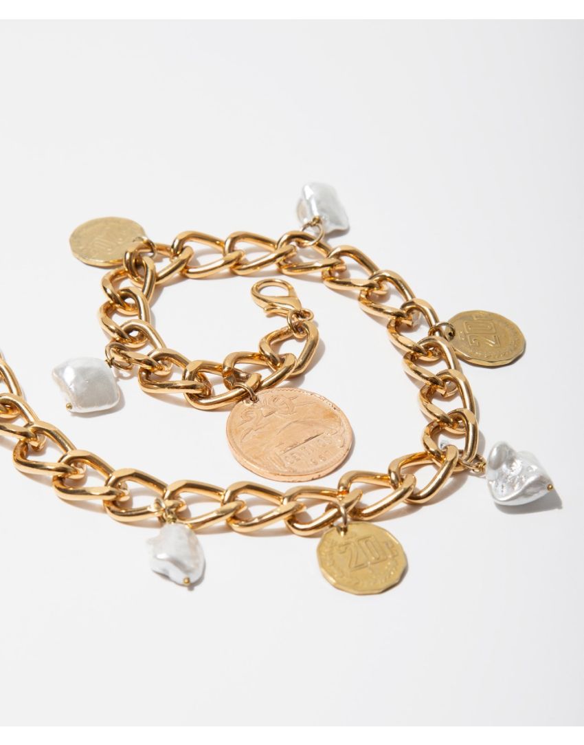 Pulsera de Eslabones con Monedas y Perlas
