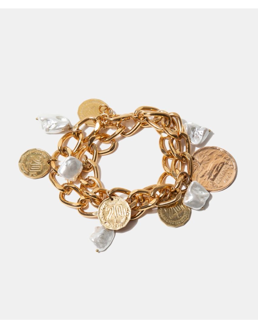 Pulsera de Eslabones con Monedas y Perlas